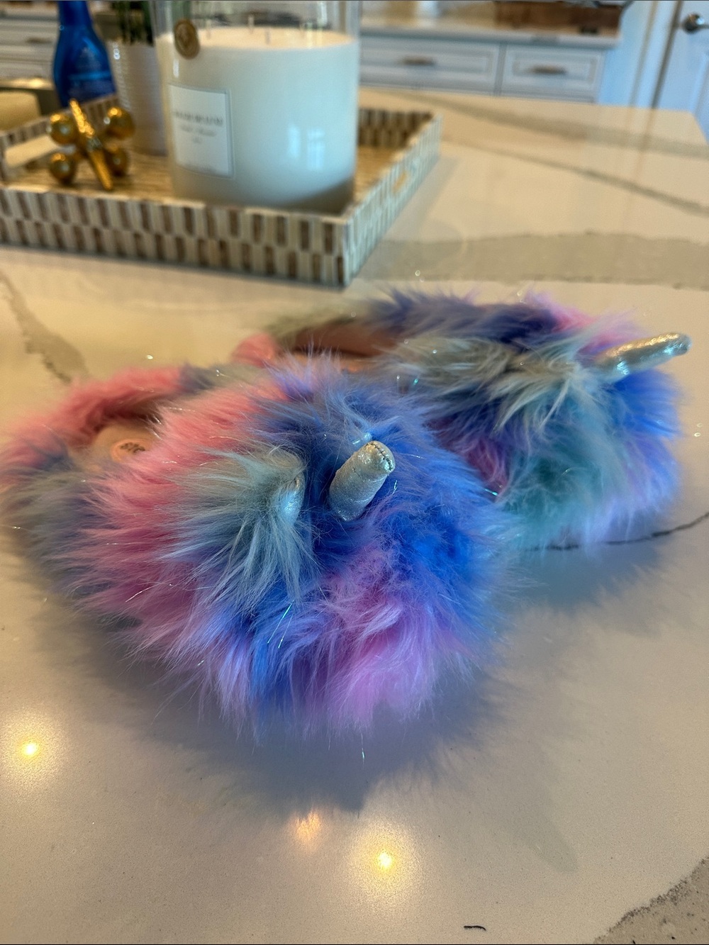 Stevies Multicolor Pastel Faux Fur Unicorn Slippers with Sparkle Horns